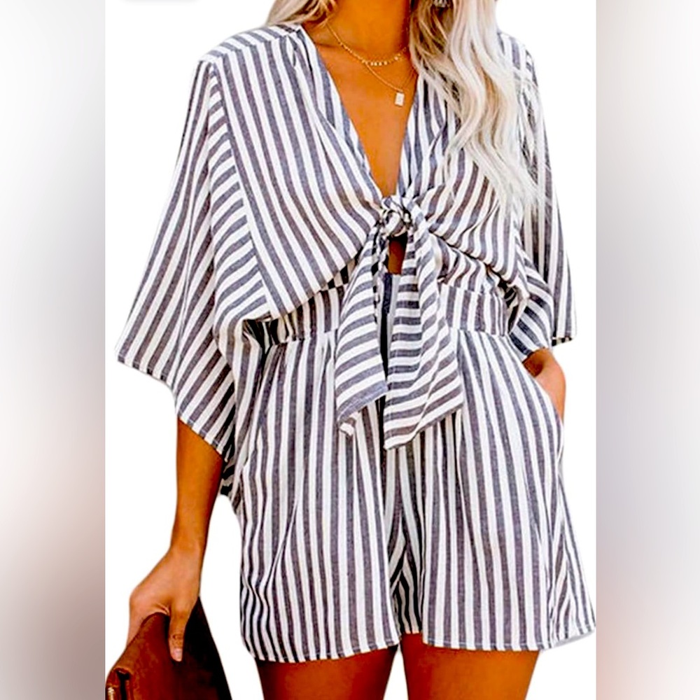 Super cute summer striped front tie romper!